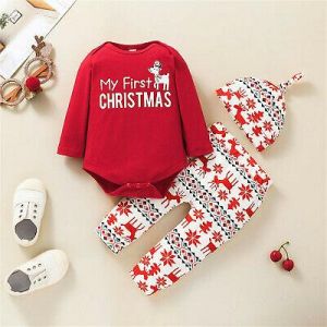 my zone ציוד לתינוקות  My First Christmas Outfit Baby Xmas Romper Jumpsuit+Pants+Beanie Hat Set Clothes